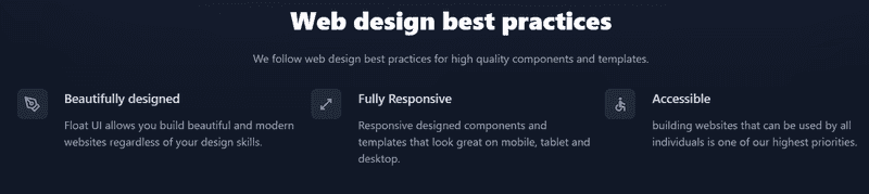 Screenshot from Float UI telling about its features: Beautifully designed, Fully Responsive, and Accessible.
