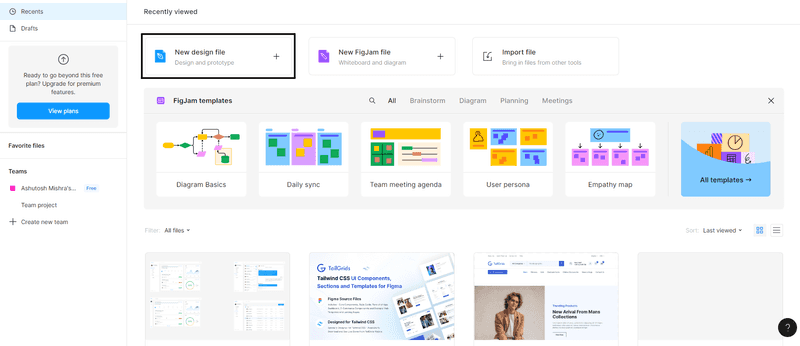 Screenshot of Figma with "New design file" option