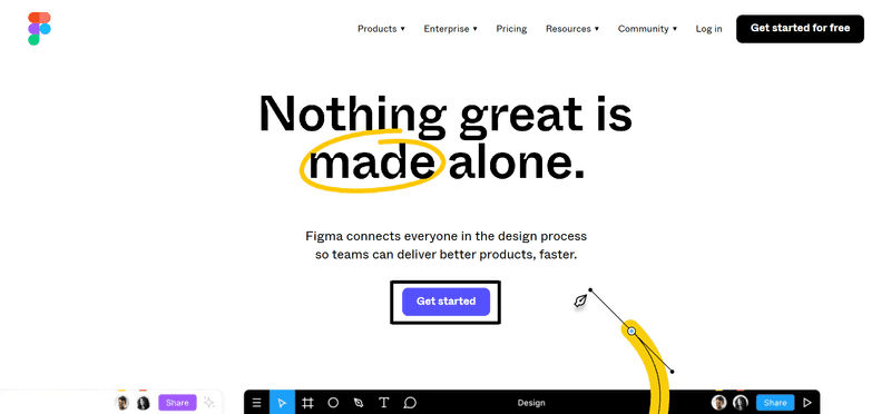 Screenshot of Figma landing page with "Get Started" option to sign up
