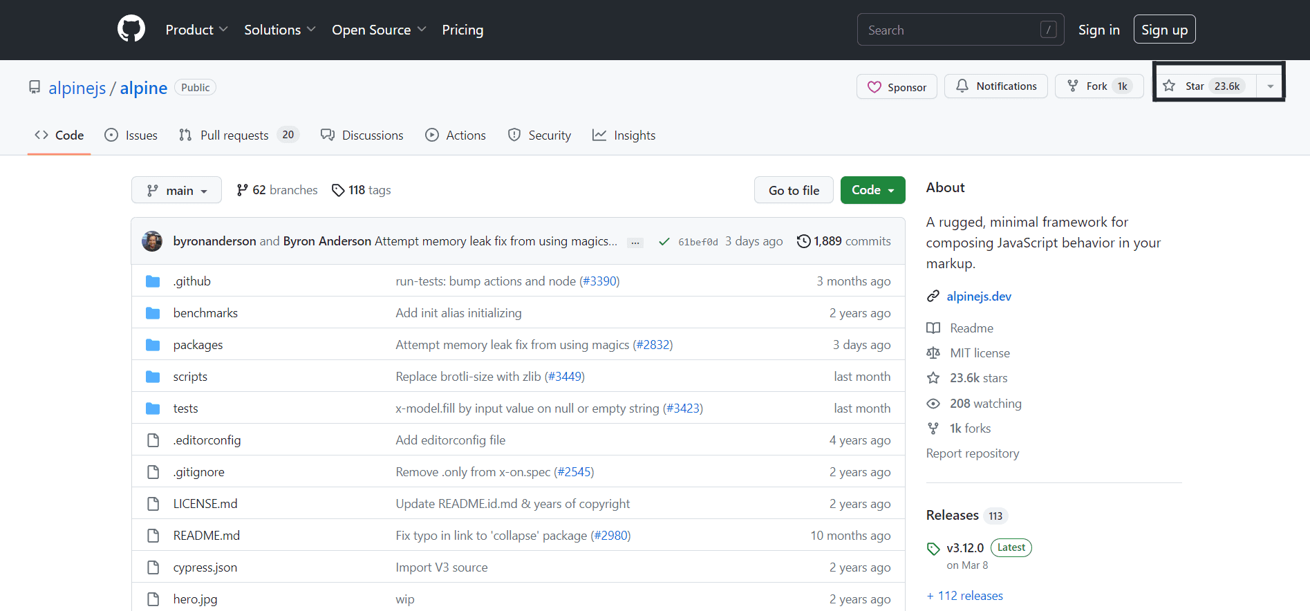 Github screenshot of Alpine showing 23,600 stars