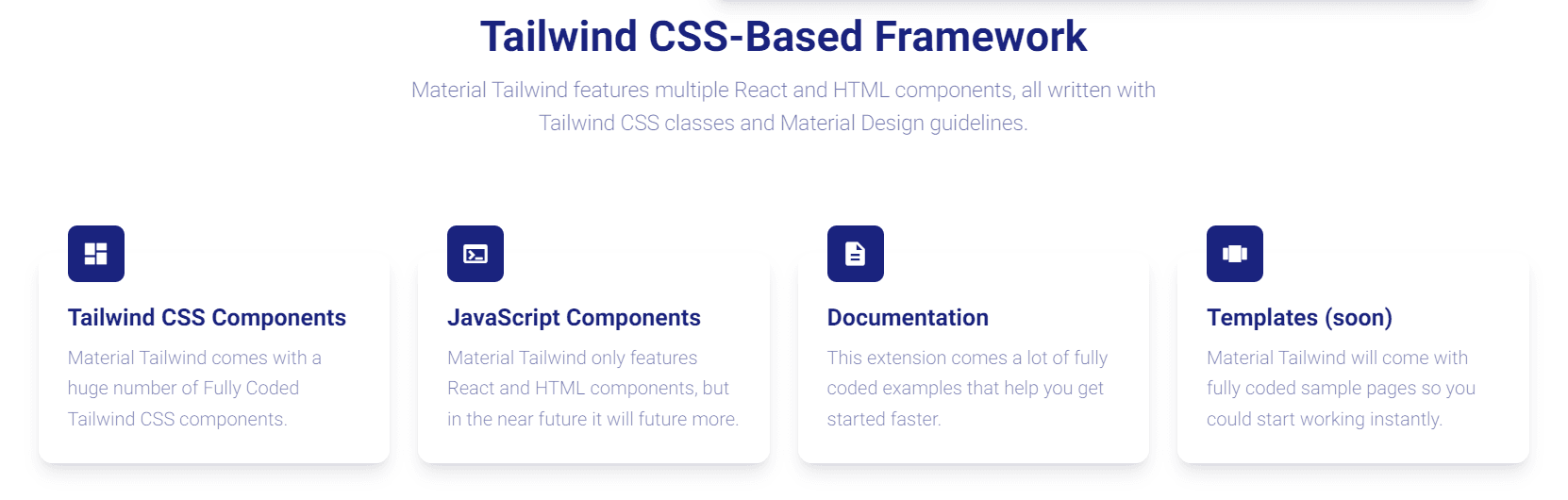Screenshot from Material Tailwind telling the features of the library: Tailwind CSS Components, JavaScript components, Documentation, and Templates(soon)