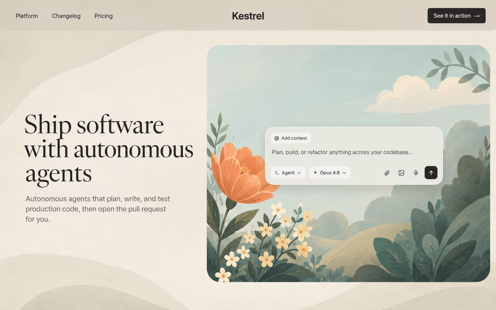 The same page relaid out: serif headline and sub-copy in a left column beside the painted garden illustration boxed into a rounded card, on a warm cream background