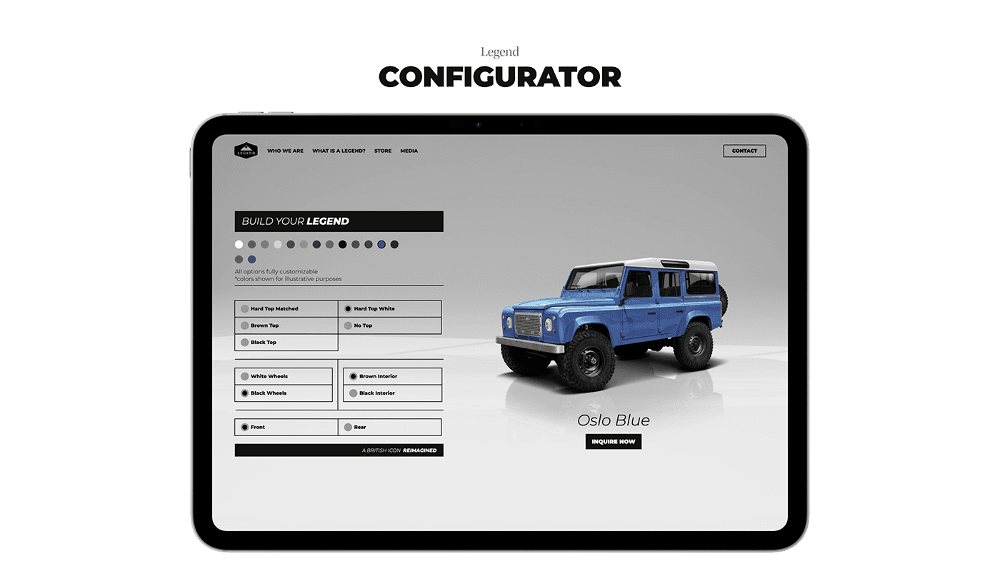 Four mobile pages for an off-road vehicle brand, including a homepage, contact page, and options-based vehicle configurator.
