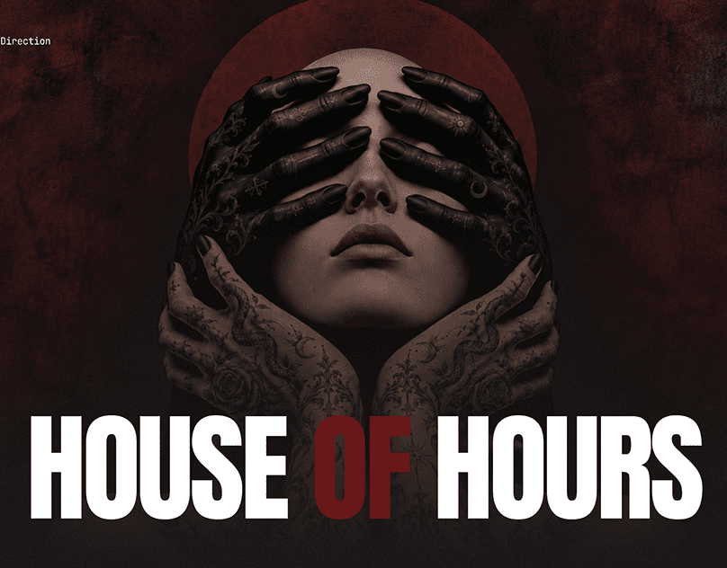 Tattoo-studio web concept with a dark portrait, tattooed hands, and oversized HOUSE OF HOURS lettering.