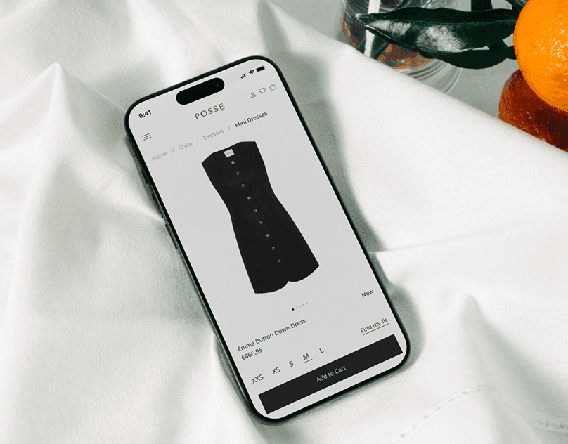 Fashion-commerce concept with a model by the water and oversized white POSSE type across the campaign image.