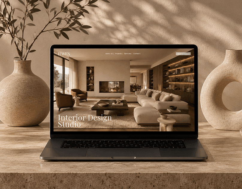Interior-design website displayed on a laptop with a warm living-room photograph and delicate white navigation.