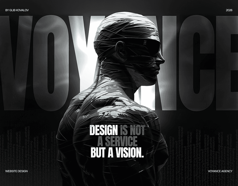 Black-and-white creative-agency page with an abstract wrapped figure and oversized VOYANCE lettering.