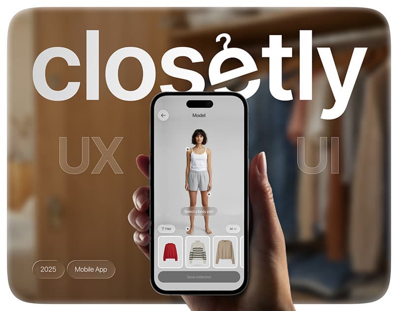 Wardrobe app on a phone showing a full-body outfit model and a row of clothing choices beneath it.