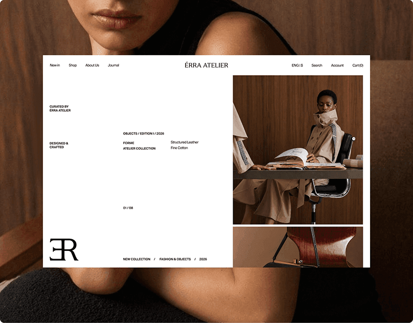 Luxury clothing ecommerce concept with editorial fashion imagery and a restrained shopping interface.