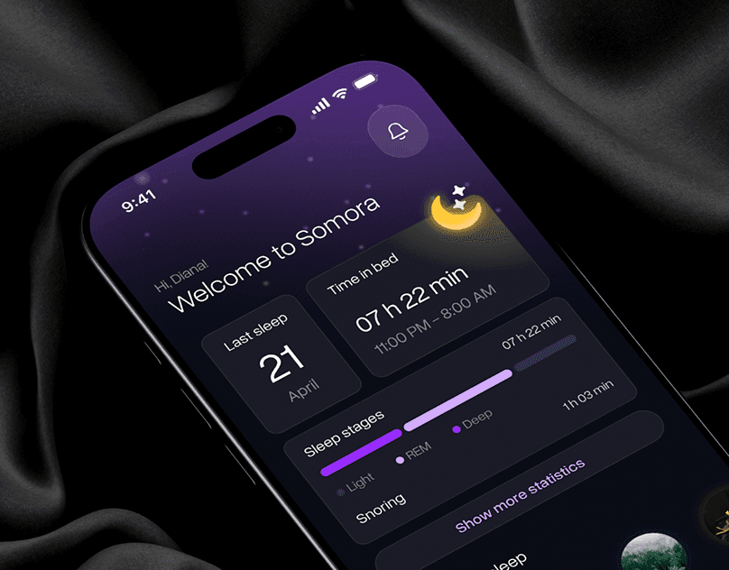 A phone held against a purple starfield showing a Somora sleep app home screen with sleep-stage statistics and a row of ambient sound options.