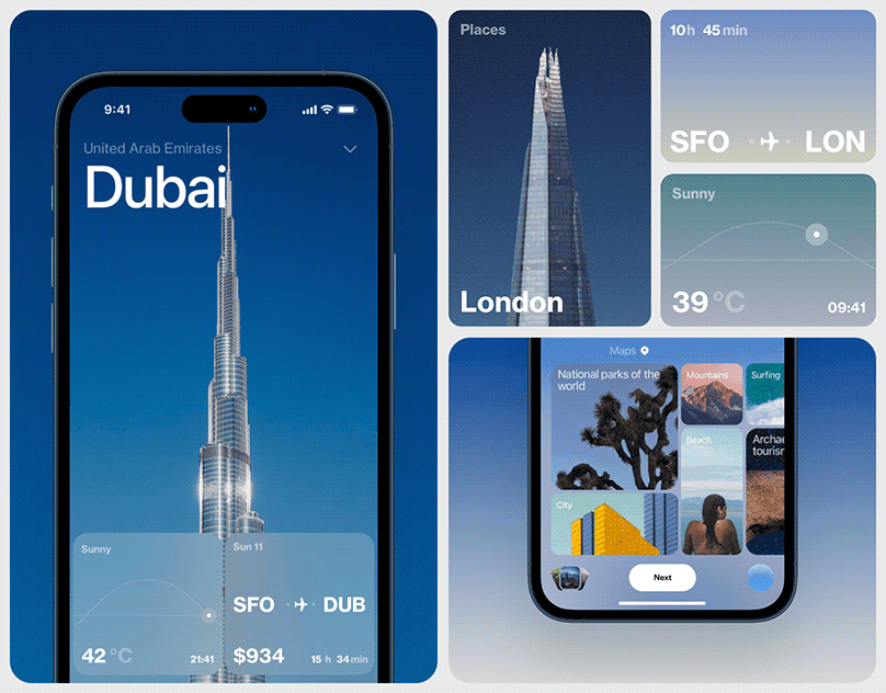 A travel app screen with an AR camera map for navigating cities and landmarks, next to destination cards for Boston and Rotterdam with a Book Now button.