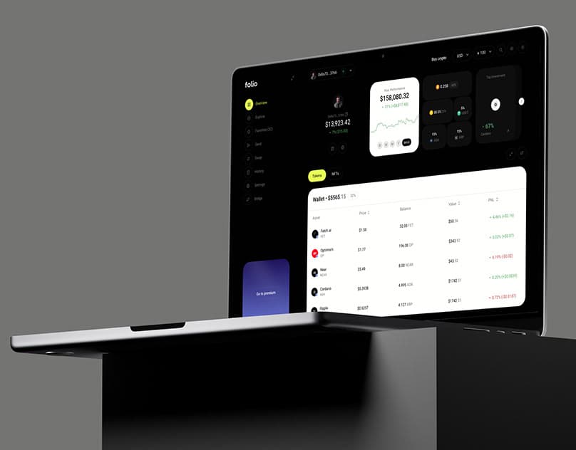 A dark crypto portfolio tracker dashboard with a wallet balance, performance panels, and a grid of NFT thumbnails with floor prices.