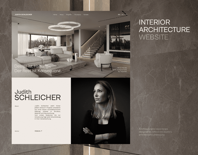 Interior architect portfolio website with refined type and large architectural photography.