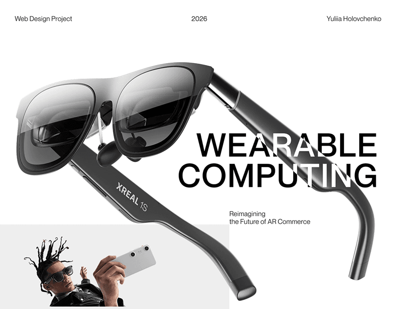 Black-and-white AR-glasses ecommerce presentation with a product grid, minimal navigation, and a mobile website preview.
