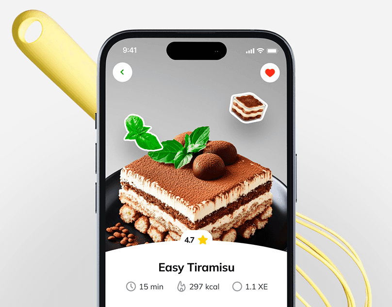 A hand holding a phone showing a green recipe app home screen with an AI assistant prompt and Breakfast and Dinner recipe category cards with food photography.