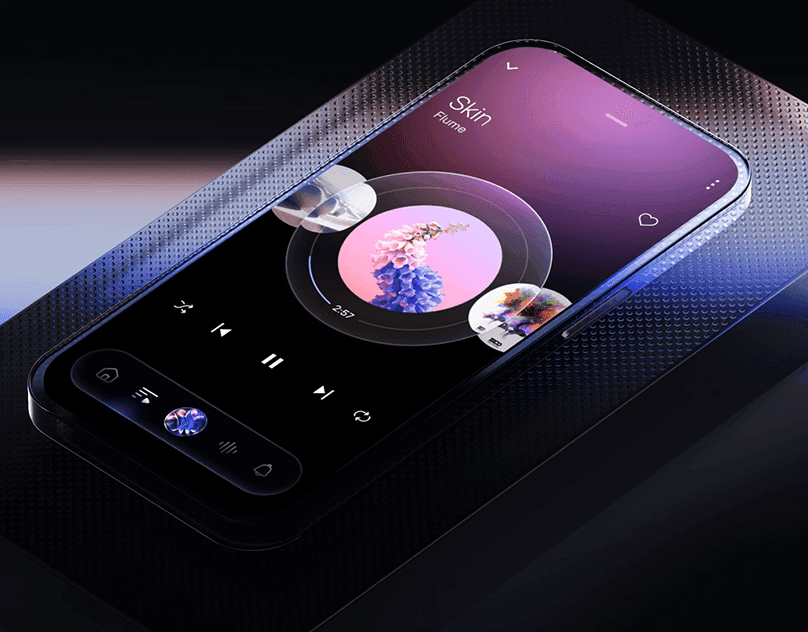 A dark, glossy 3D rendered phone showing a now-playing music screen with a circular album art dial and playback controls.