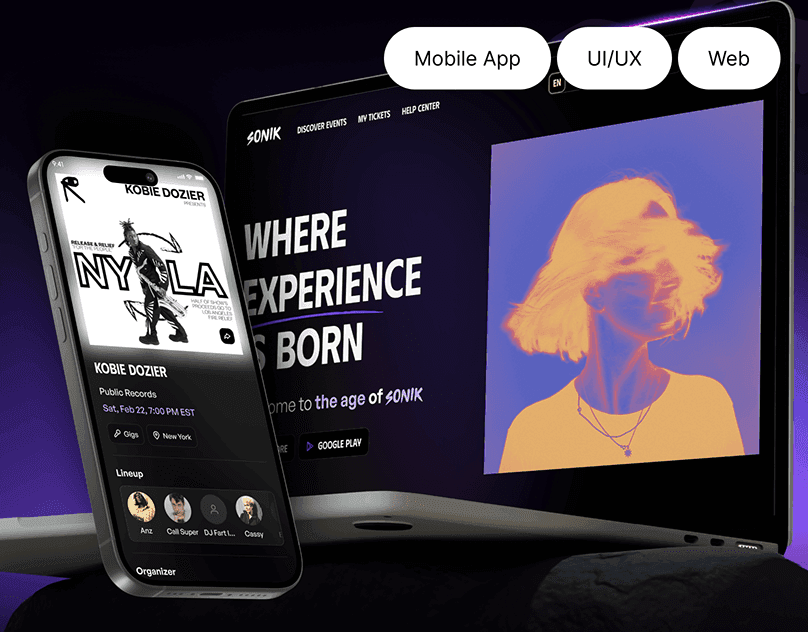 A laptop on gritty concrete showing the Sonik event platform homepage with a grid of featured event cards, each with distinct festival poster art.