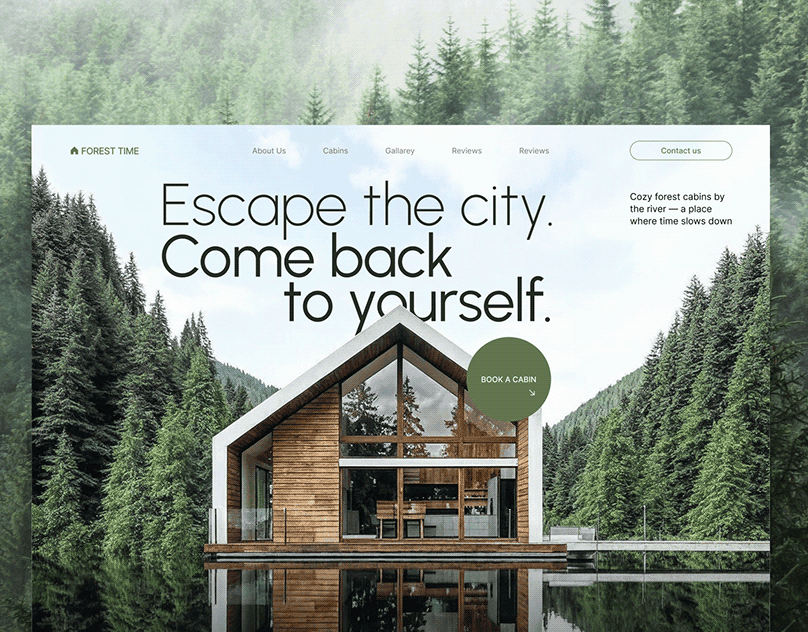 Forest-cabin website with misty evergreen photography and a light booking-page hero over the trees.