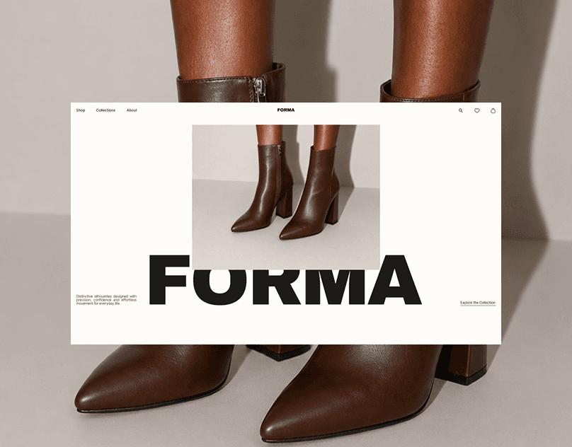 Editorial footwear-store presentation with black leather boots, wide white space, and oversized FORMA lettering.