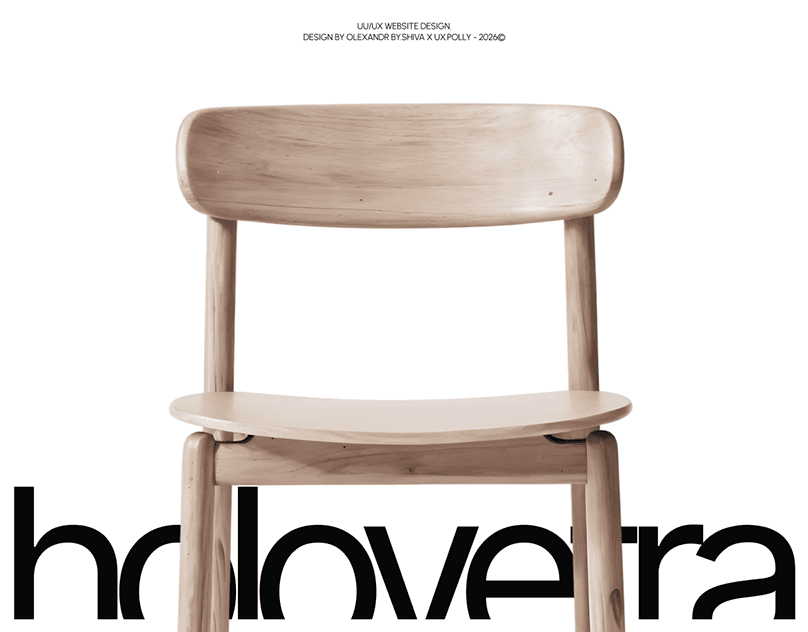 A furniture ecommerce website with an oversized "holovetra" wordmark over a wood dining table and chairs, next to a minimal About page with navbar.