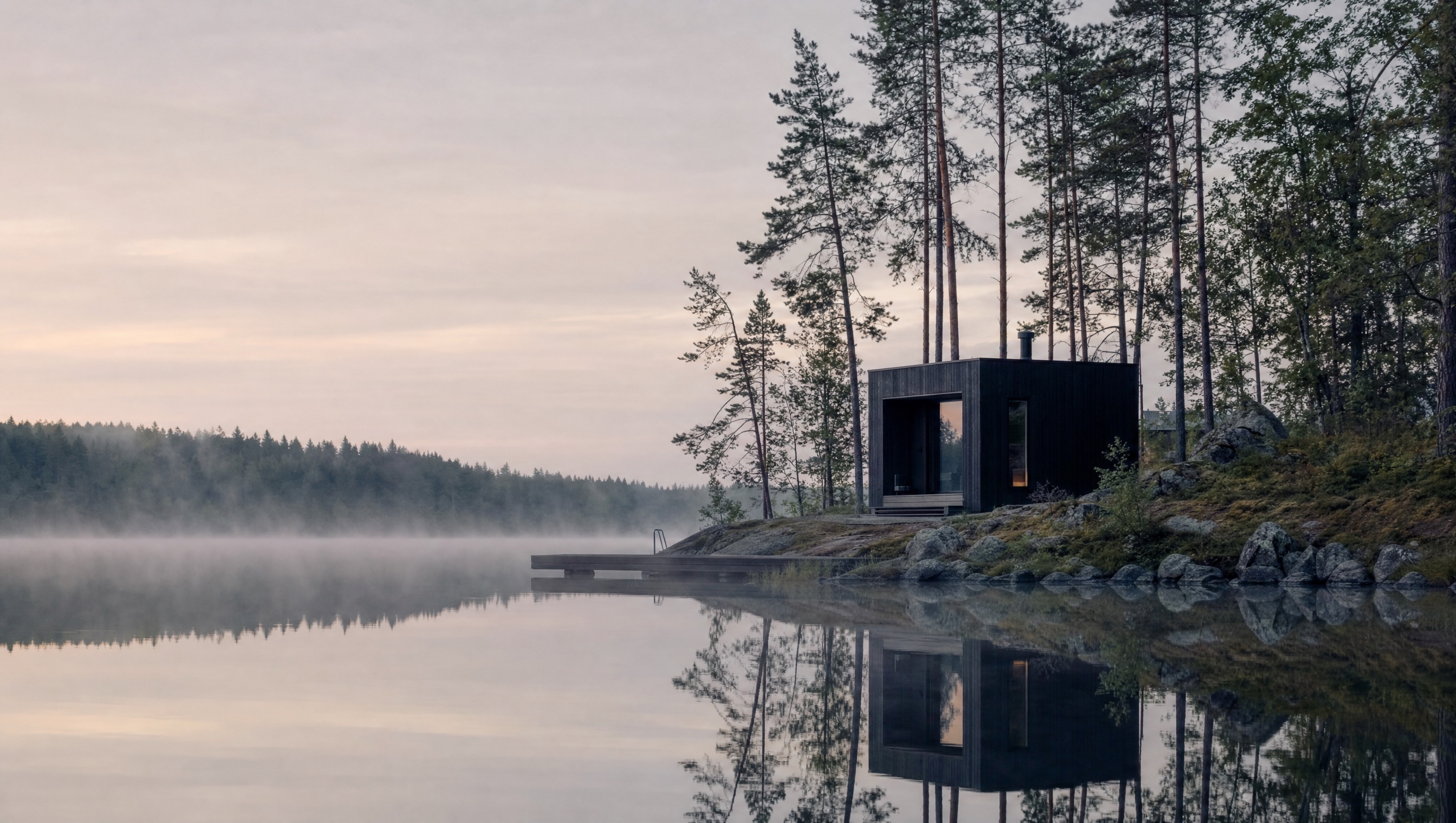 A sauna among pines beside a still Finnish lake