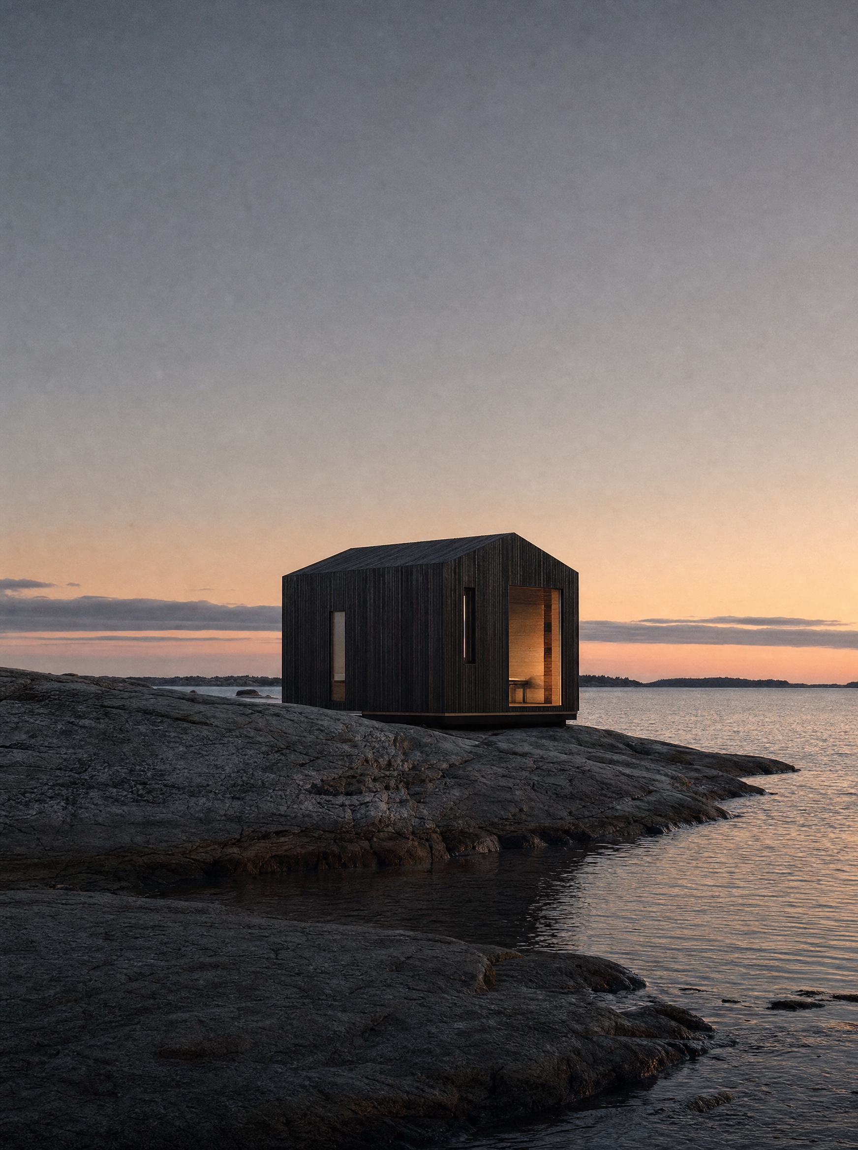 Sauna on a bare archipelago island at dusk