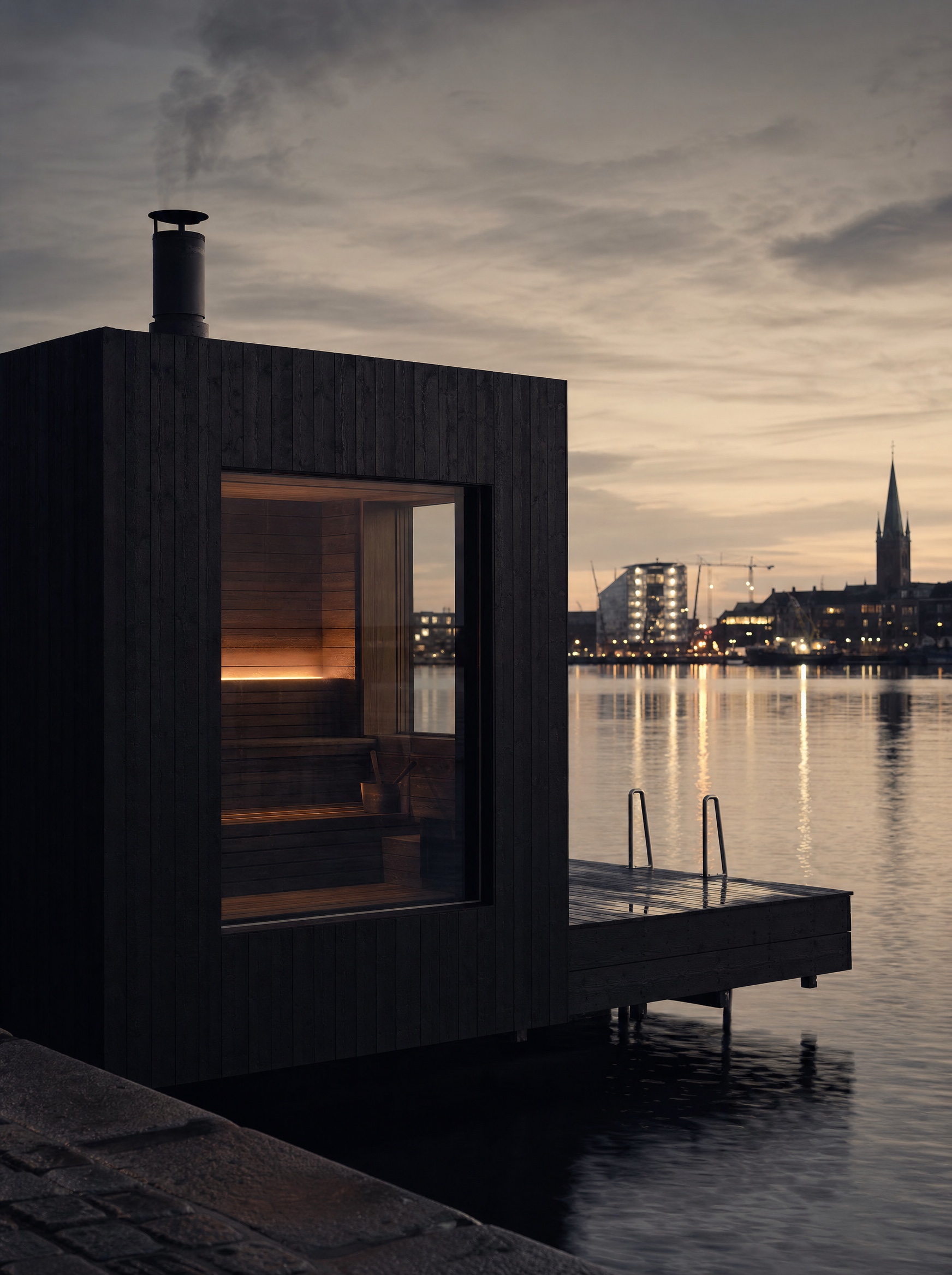 A harbour-side sauna in the city at dusk