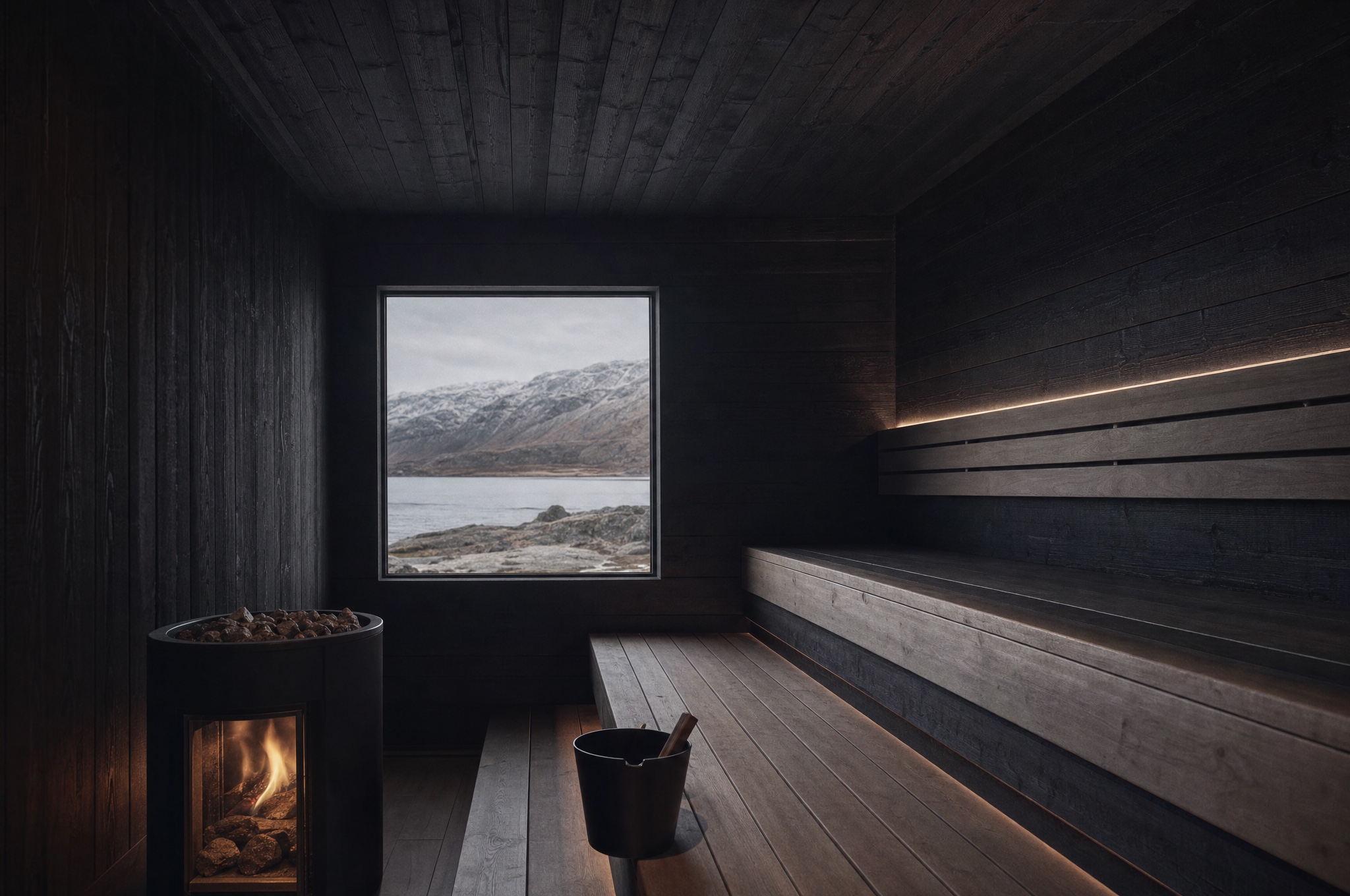 The interior of a GLØD sauna, low light and timber