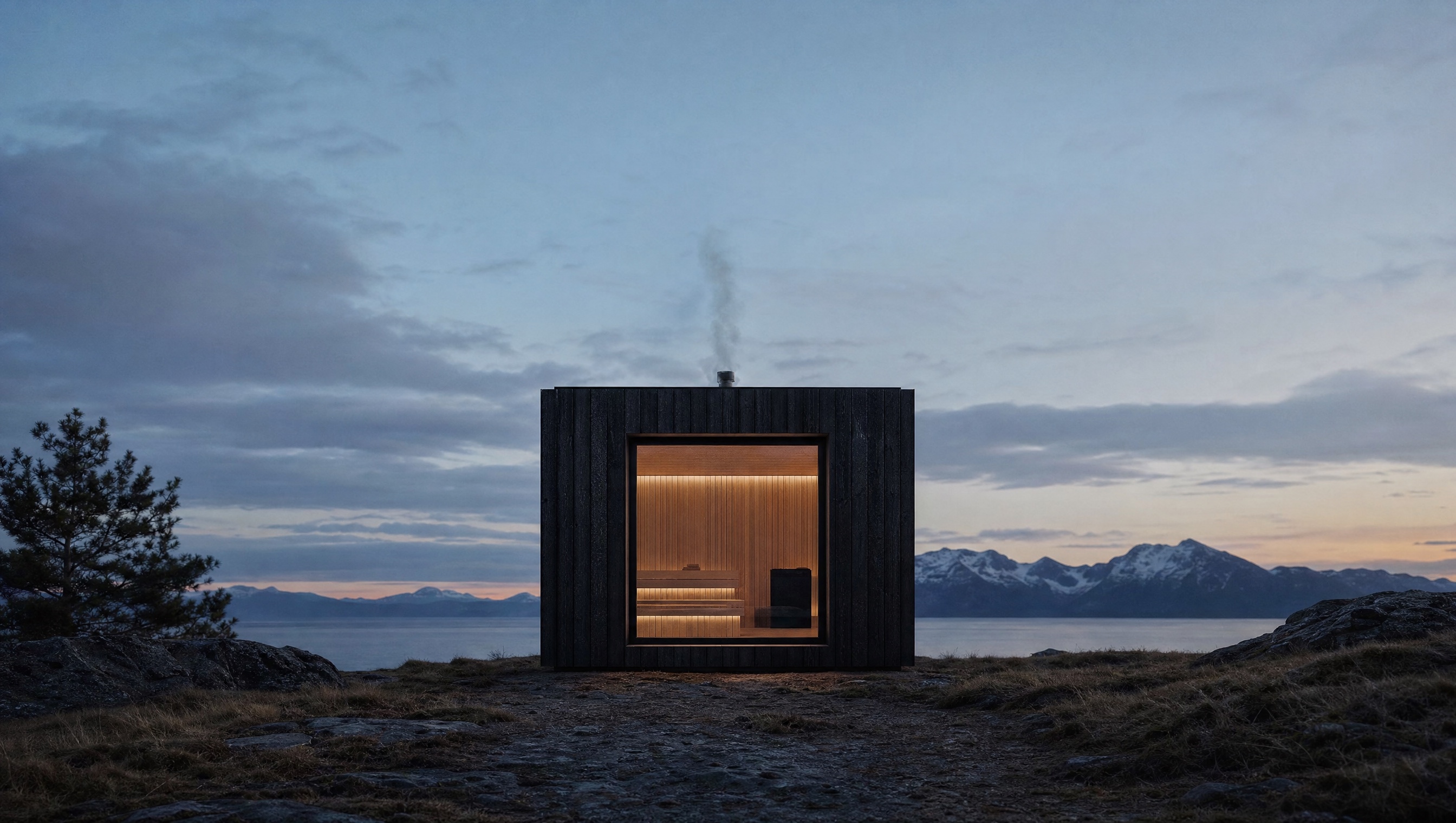 A black-timber sauna in a raw Nordic landscape at blue hour