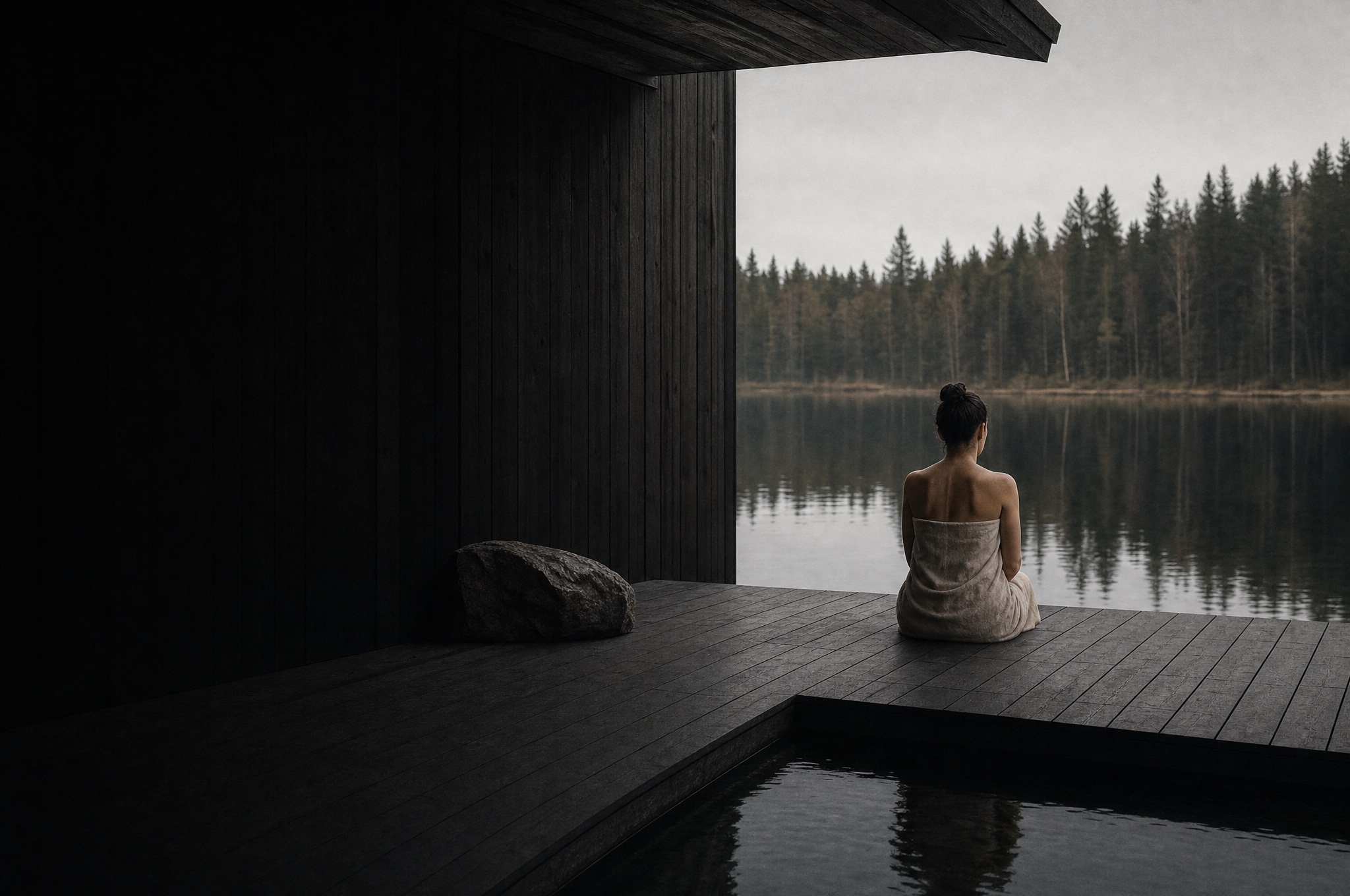 A bather resting after a cold plunge in still Nordic light