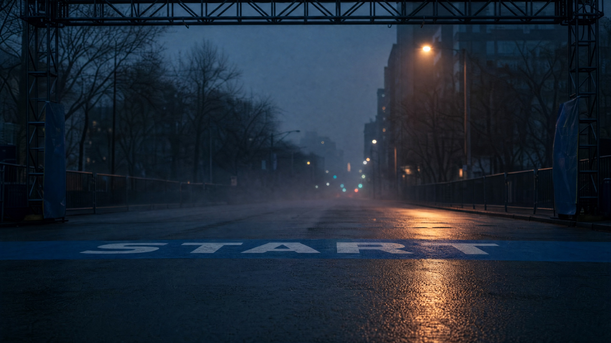 Marathon start line on wet asphalt at 05:42 local time, pre-dawn