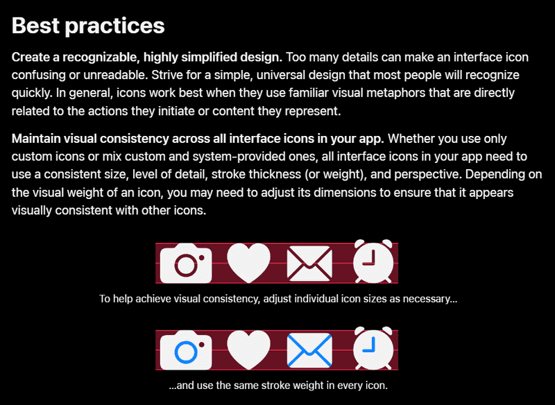 Screenshot from Apple's Human Interface Guidelines explaining Best Practices for icons