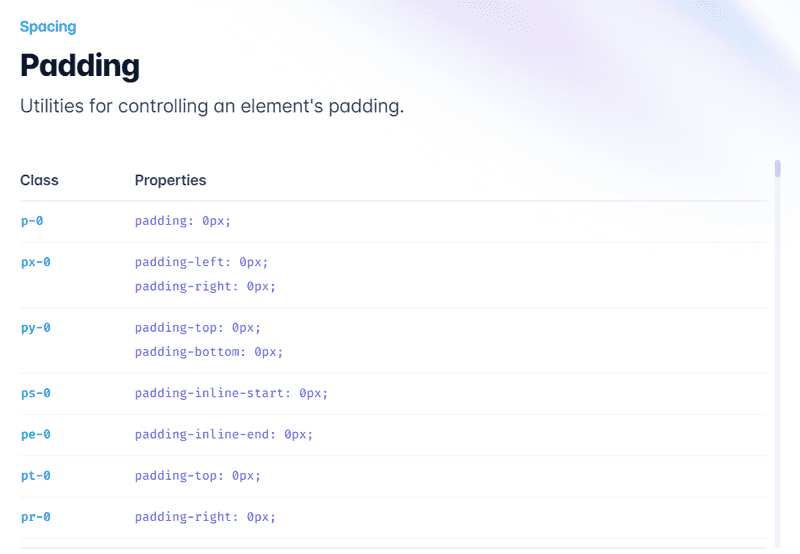 Screenshot from Tailwind listing Padding utility classes under Spacing category