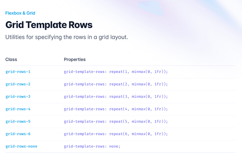 Screenshot from Tailwind listing Grid Template Rows utility classes under Flexbox & Grid category