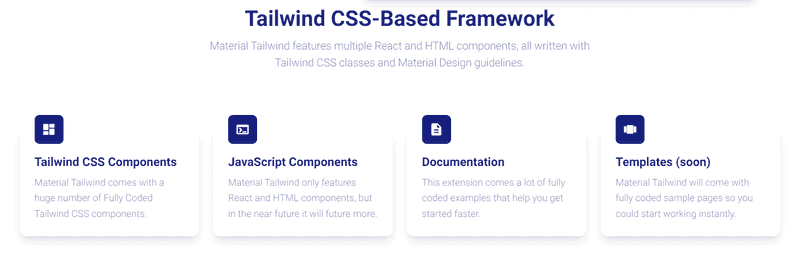 Screenshot from Material Tailwind telling the features of the library: Tailwind CSS Components, JavaScript components, Documentation, and Templates(soon)